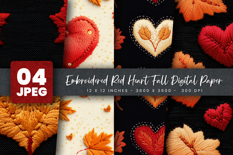 Embroidered Red Heart Fall Digital Paper
