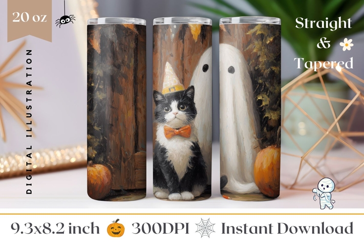 Vintage Halloween Cat Tumbler Wrap, Spooky Ghost Tumbler PNG