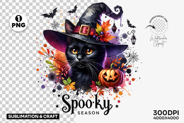 Spooky Season Black Cat Halloween Clipart PNG, Black Cat PNG