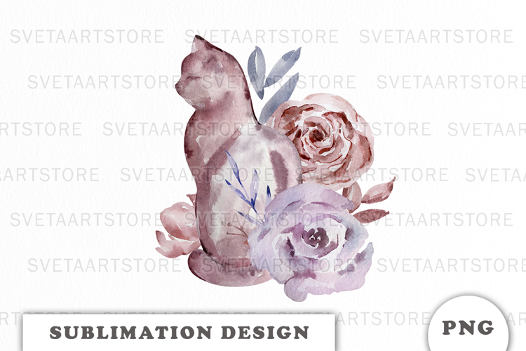 Watercolor Cat with Flowers png