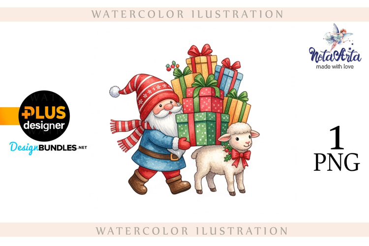 Christmas Gnome Santa with a Sheep in Watercolor Style