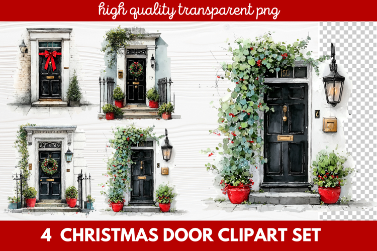 4 Christmas Door Clipart Set | Festive Holiday Front Door