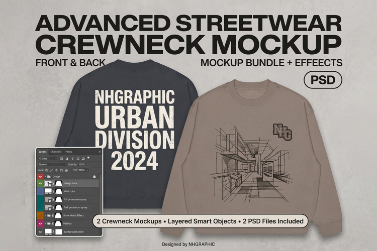 Advanced Streetwear Crewneck Sweatshirt PSD Mockup Bundle