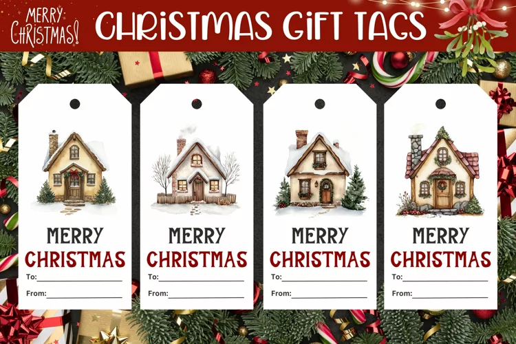 Christmas House Gift Tags, Watercolor Christmas Product Tags