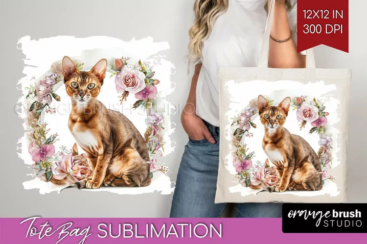 Floral Cat Tote Bag - Flowers Tote Bag PNG Sublimation