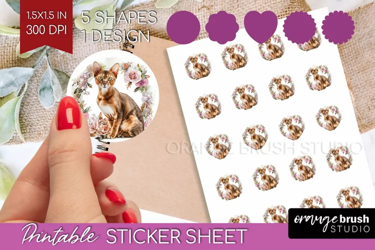Floral Cat Round Sticker - Flowers Printable Sticker Sheet