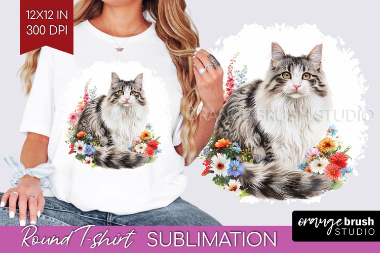 Floral Cat Round Tshirt Background - Flowers PNG Sublimation