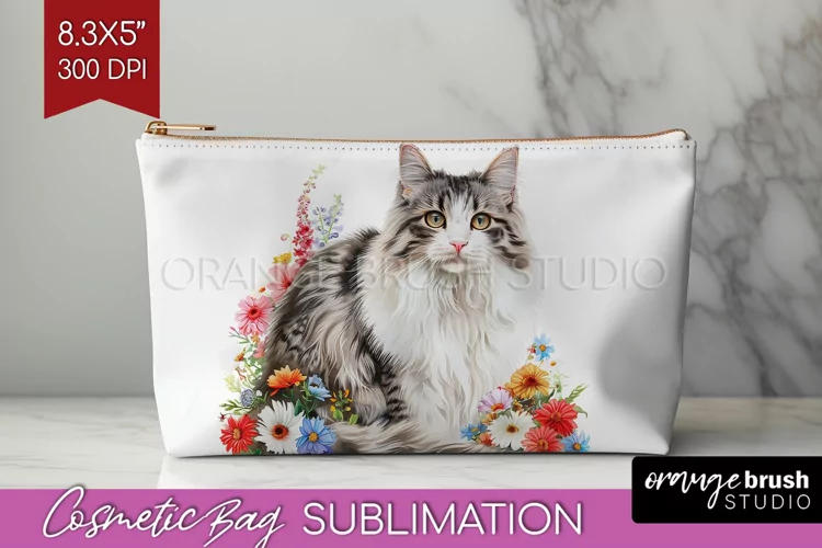 Floral Cat Cosmetic Bag - Flowers Makeup Bag PNG Sublimation