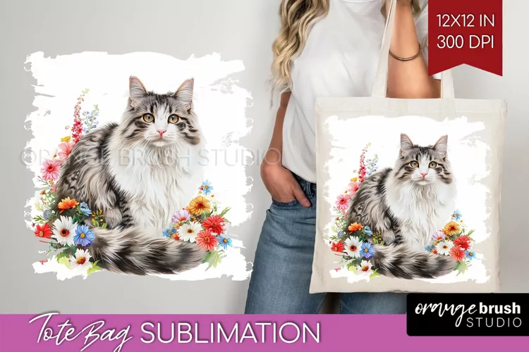 Floral Cat Tote Bag - Flowers Tote Bag PNG Sublimation