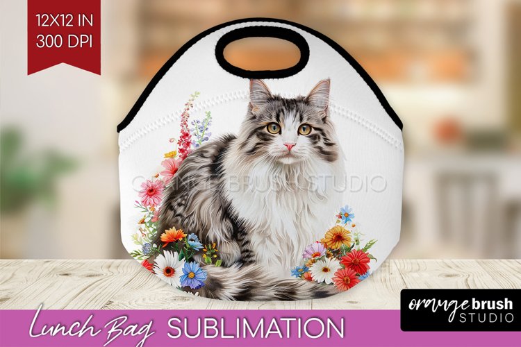 Floral Cat Lunch Bag - Flowers Lunch Bug PNG Sublimation example image 1