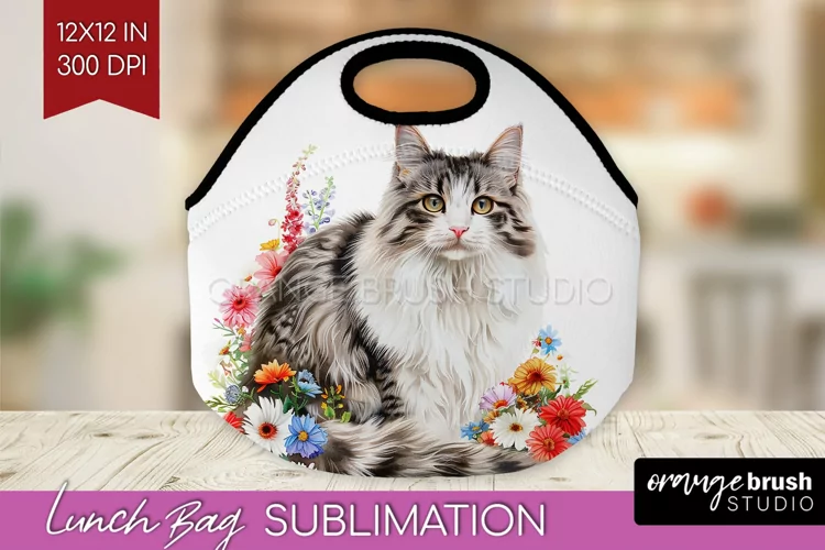 Floral Cat Lunch Bag - Flowers Lunch Bug PNG Sublimation