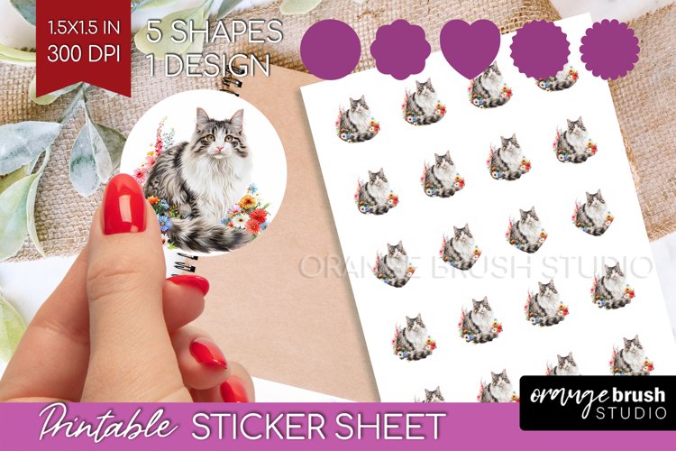 Floral Cat Round Sticker - Flowers Printable Sticker Sheet example image 1