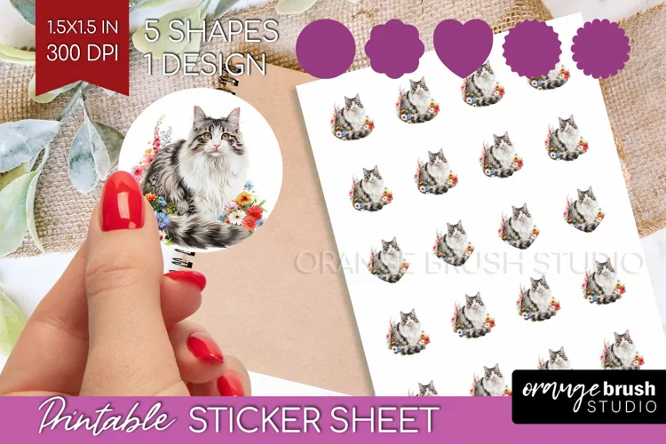 Floral Cat Round Sticker - Flowers Printable Sticker Sheet