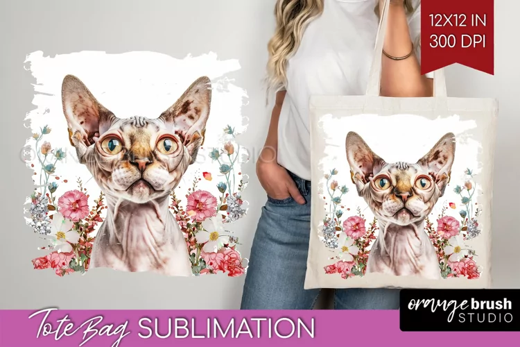 Floral Cat Tote Bag - Flowers Tote Bag PNG Sublimation