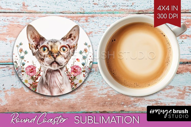 Floral Cat Round Coaster - Flowers Coaster PNG Sublimation