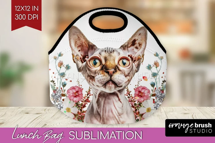Floral Cat Lunch Bag - Flowers Lunch Bug PNG Sublimation