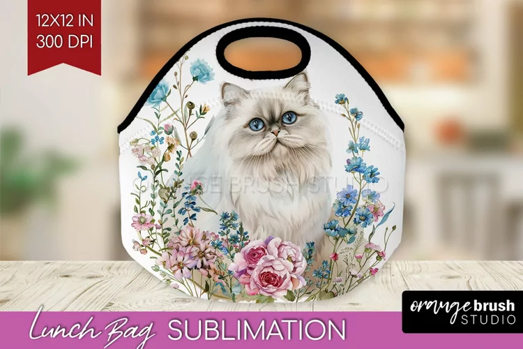 Floral Cat Lunch Bag - Flowers Lunch Bug PNG Sublimation