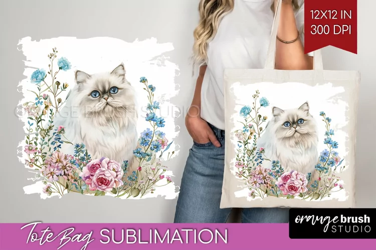 Floral Cat Tote Bag - Flowers Tote Bag PNG Sublimation