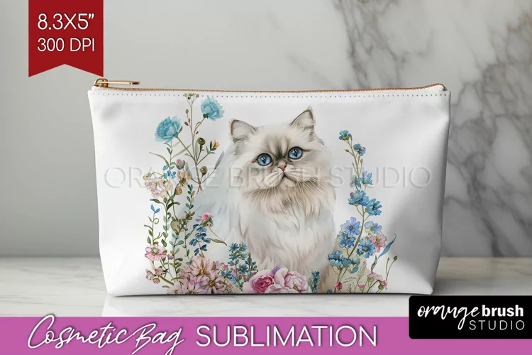 Floral Cat Cosmetic Bag - Flowers Makeup Bag PNG Sublimation