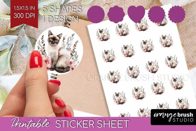 Floral Cat Round Sticker - Flowers Printable Sticker Sheet