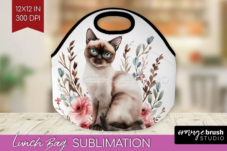 Floral Cat Lunch Bag - Flowers Lunch Bug PNG Sublimation
