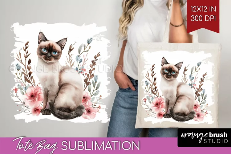 Floral Cat Tote Bag - Flowers Tote Bag PNG Sublimation
