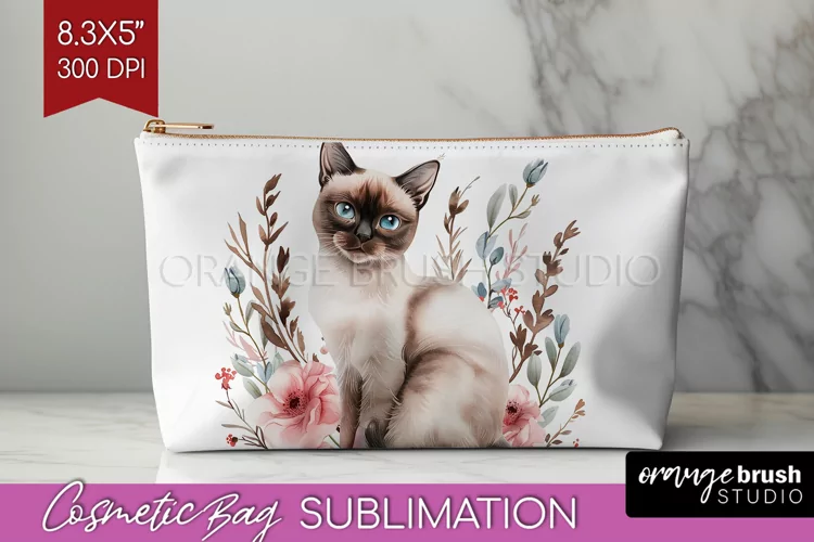 Floral Cat Cosmetic Bag - Flowers Makeup Bag PNG Sublimation