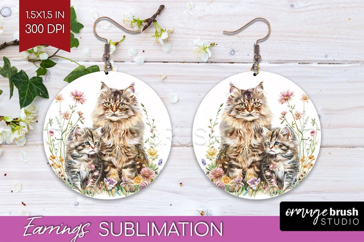 Floral Cat Round Earrings - Flowers PNG Sublimation