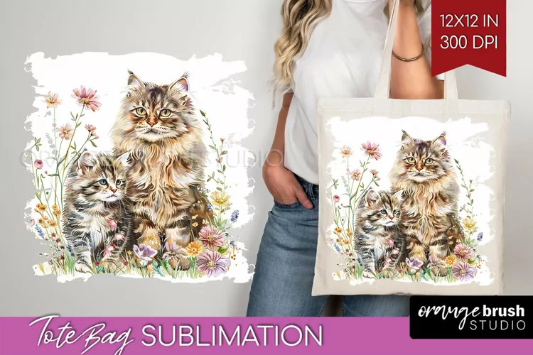 Floral Cat Tote Bag - Flowers Tote Bag PNG Sublimation