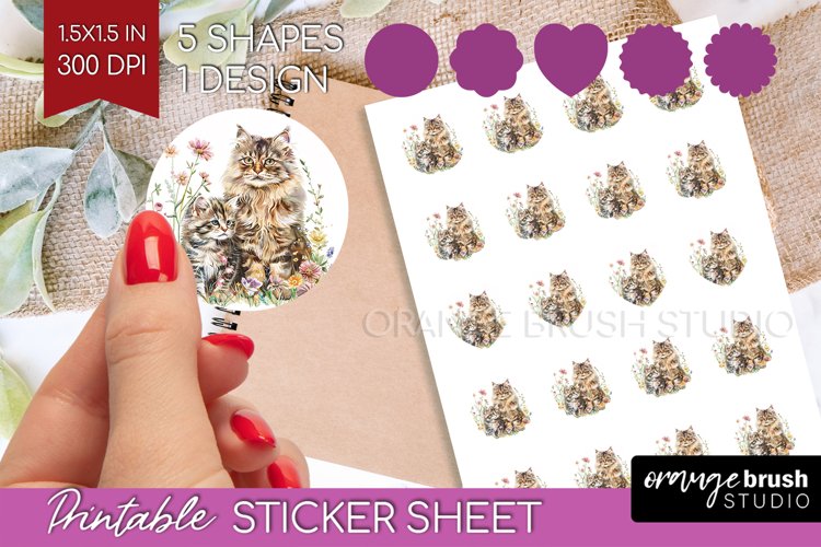 Floral Cat Round Sticker - Flowers Printable Sticker Sheet example image 1