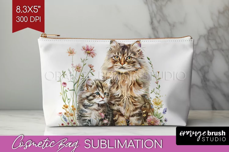 Floral Cat Cosmetic Bag - Flowers Makeup Bag PNG Sublimation