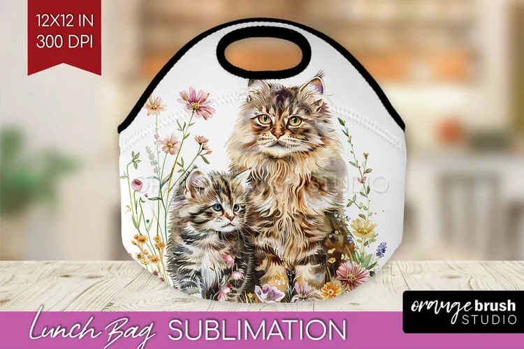 Floral Cat Lunch Bag - Flowers Lunch Bug PNG Sublimation
