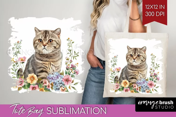Floral Cat Tote Bag - Flowers Tote Bag PNG Sublimation