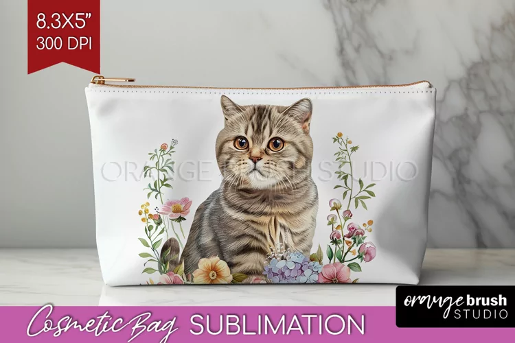 Floral Cat Cosmetic Bag - Flowers Makeup Bag PNG Sublimation