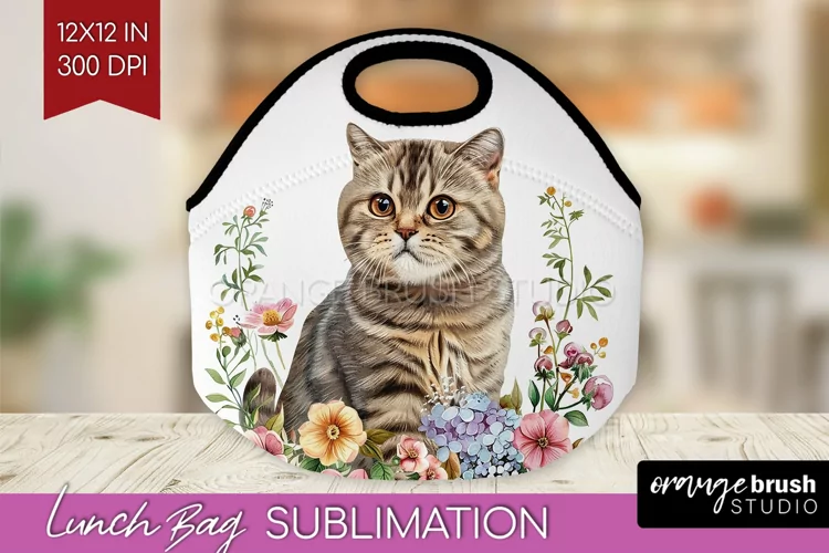 Floral Cat Lunch Bag - Flowers Lunch Bug PNG Sublimation
