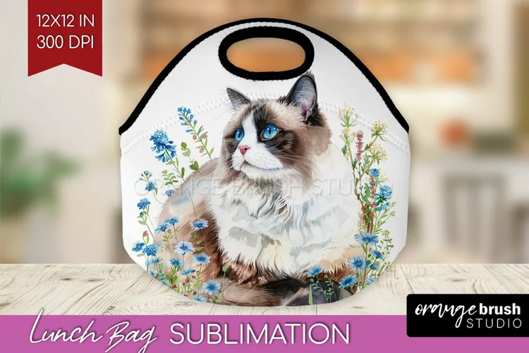 Floral Cat Lunch Bag - Flowers Lunch Bug PNG Sublimation