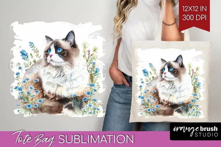 Floral Cat Tote Bag - Flowers Tote Bag PNG Sublimation
