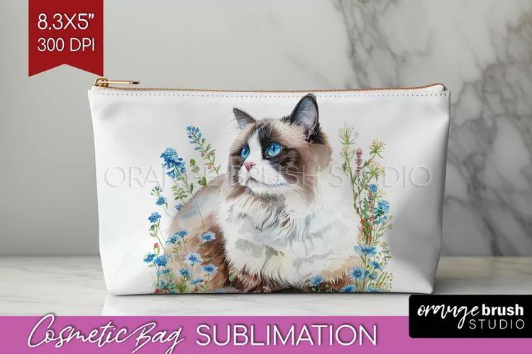 Floral Cat Cosmetic Bag - Flowers Makeup Bag PNG Sublimation