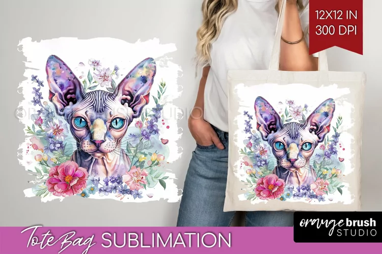 Floral Cat Tote Bag - Flowers Tote Bag PNG Sublimation