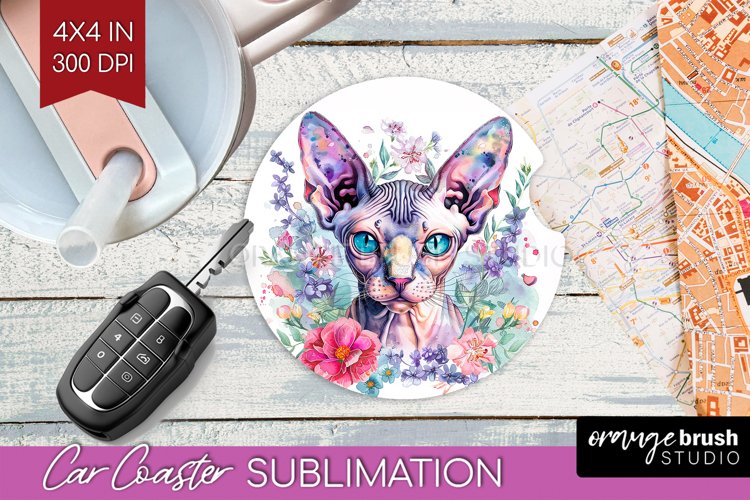 Floral Cat Car Coaster - Flowers Coaster PNG Sublimation