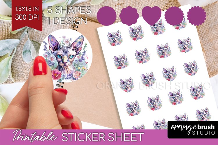Floral Cat Round Sticker - Flowers Printable Sticker Sheet example image 1