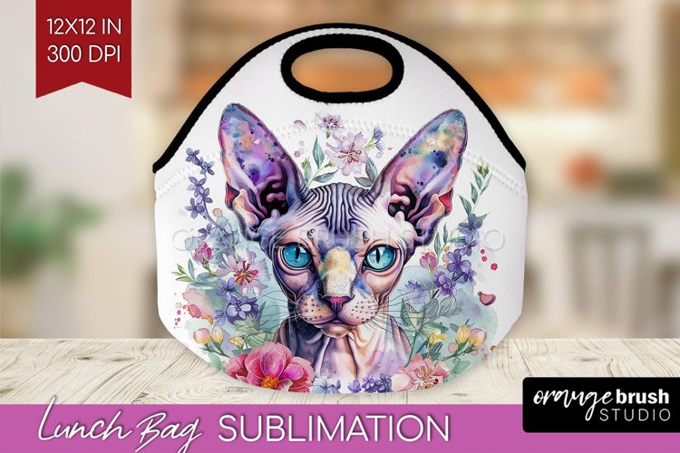 Floral Cat Lunch Bag - Flowers Lunch Bug PNG Sublimation example image 1