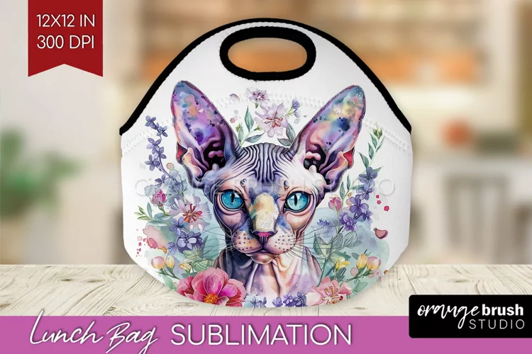 Floral Cat Lunch Bag - Flowers Lunch Bug PNG Sublimation