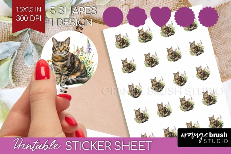 Floral Cat Round Sticker - Flowers Printable Sticker Sheet