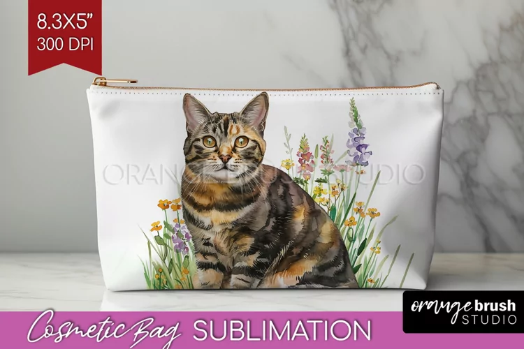 Floral Cat Cosmetic Bag - Flowers Makeup Bag PNG Sublimation