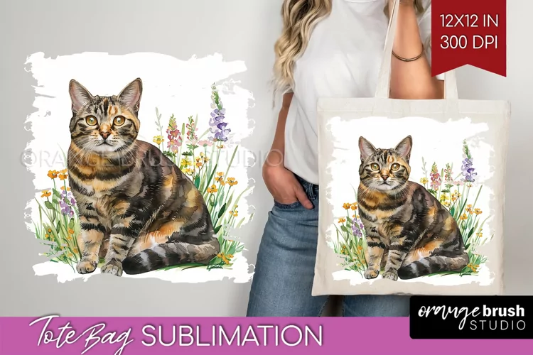 Floral Cat Tote Bag - Flowers Tote Bag PNG Sublimation