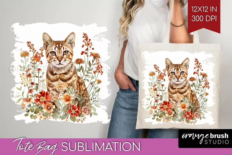 Floral Cat Tote Bag - Flowers Tote Bag PNG Sublimation