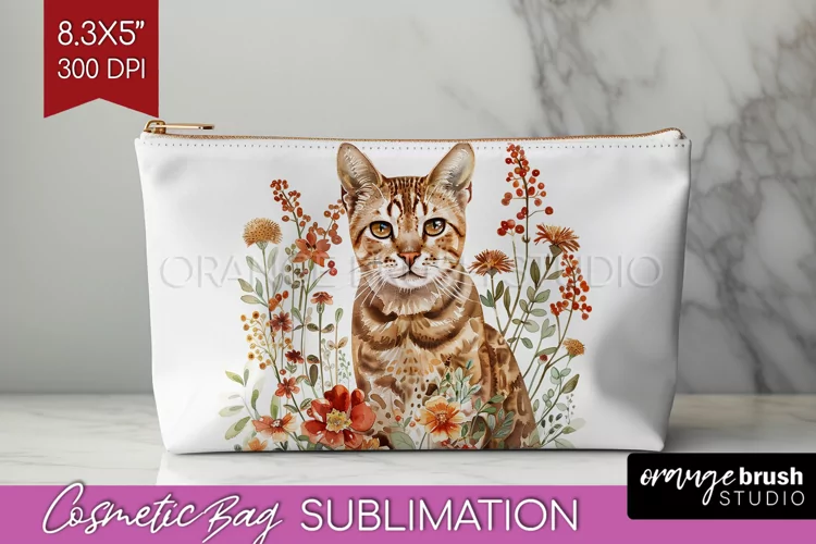 Floral Cat Cosmetic Bag - Flowers Makeup Bag PNG Sublimation