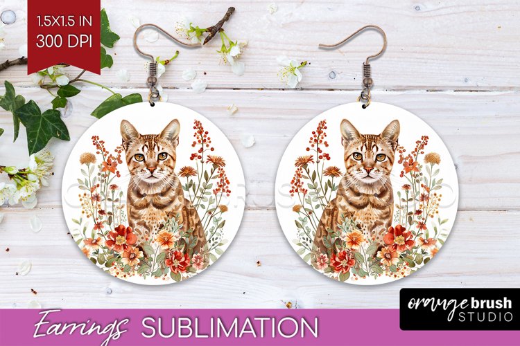 Floral Cat Round Earrings - Flowers PNG Sublimation