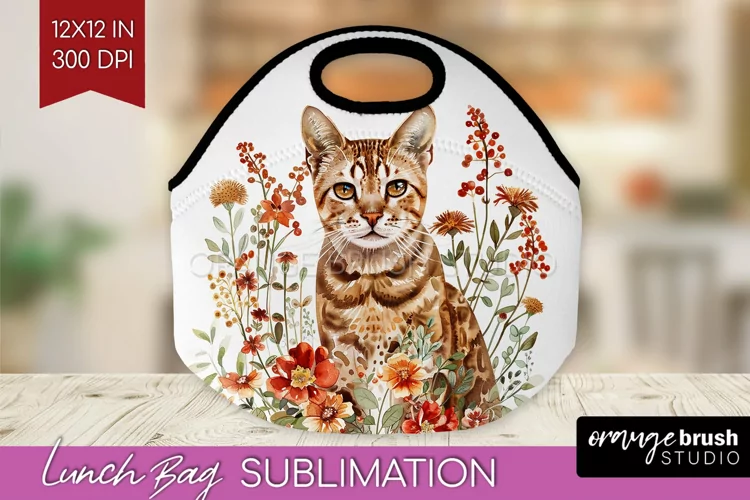 Floral Cat Lunch Bag - Flowers Lunch Bug PNG Sublimation